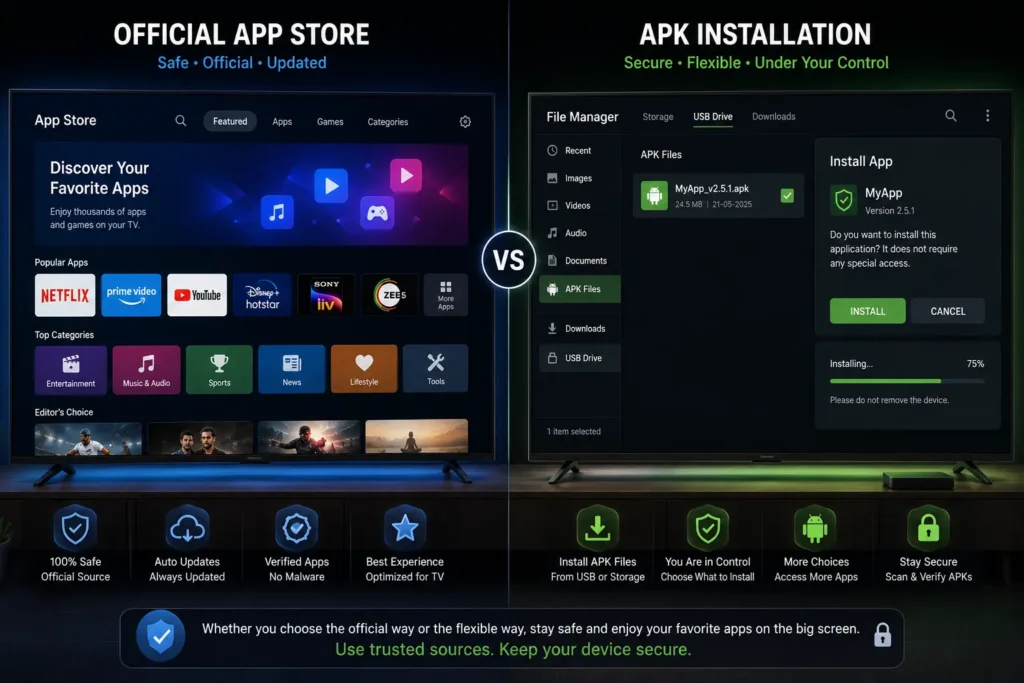 A modern split-screen Smart TV illustration. One side shows a generic official app store interface, while the other shows a secure APK file installation process using a file manager.