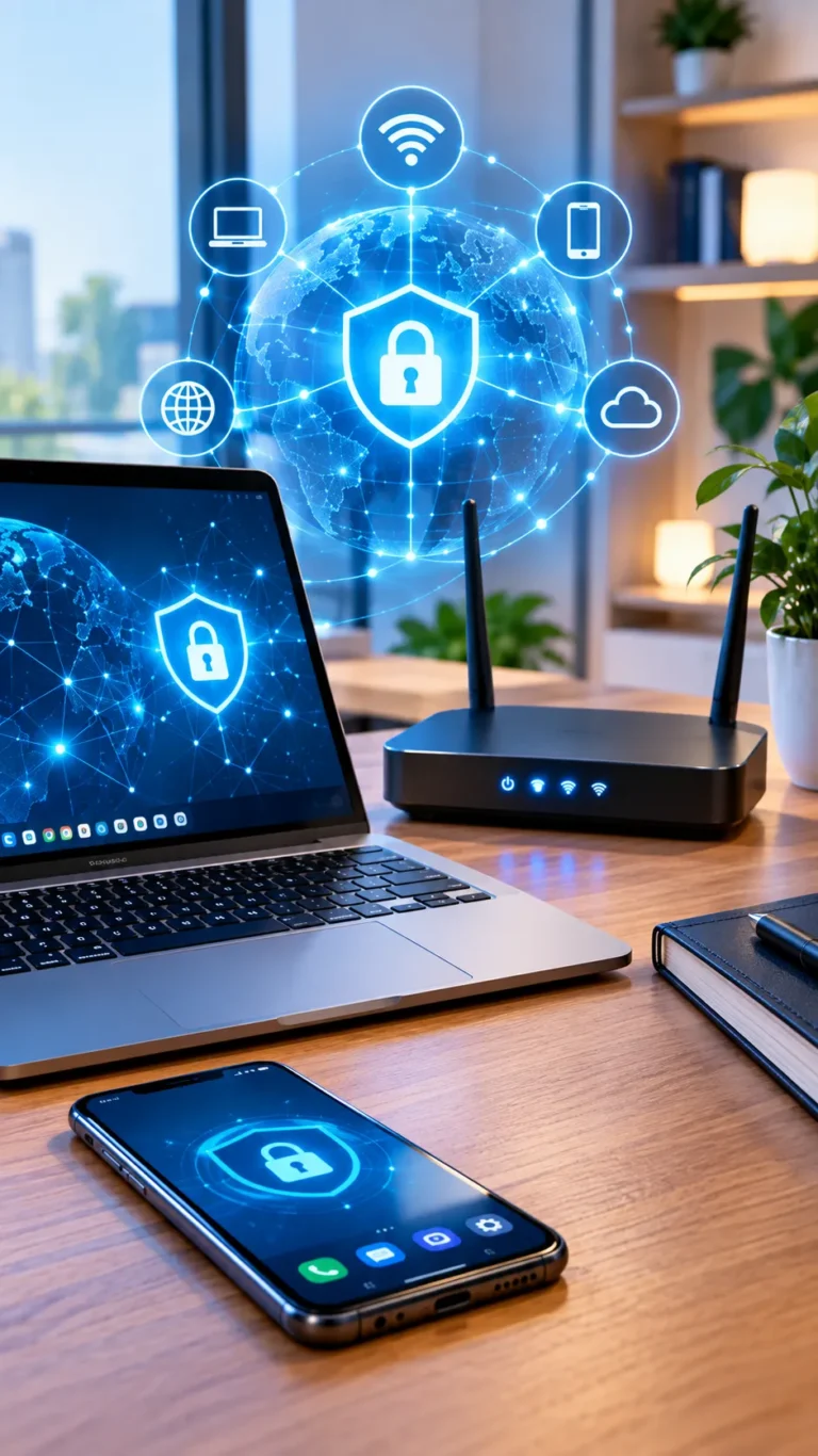 Appareils connectés et éléments symbolisant la sécurité d’un réseau Wi-Fi