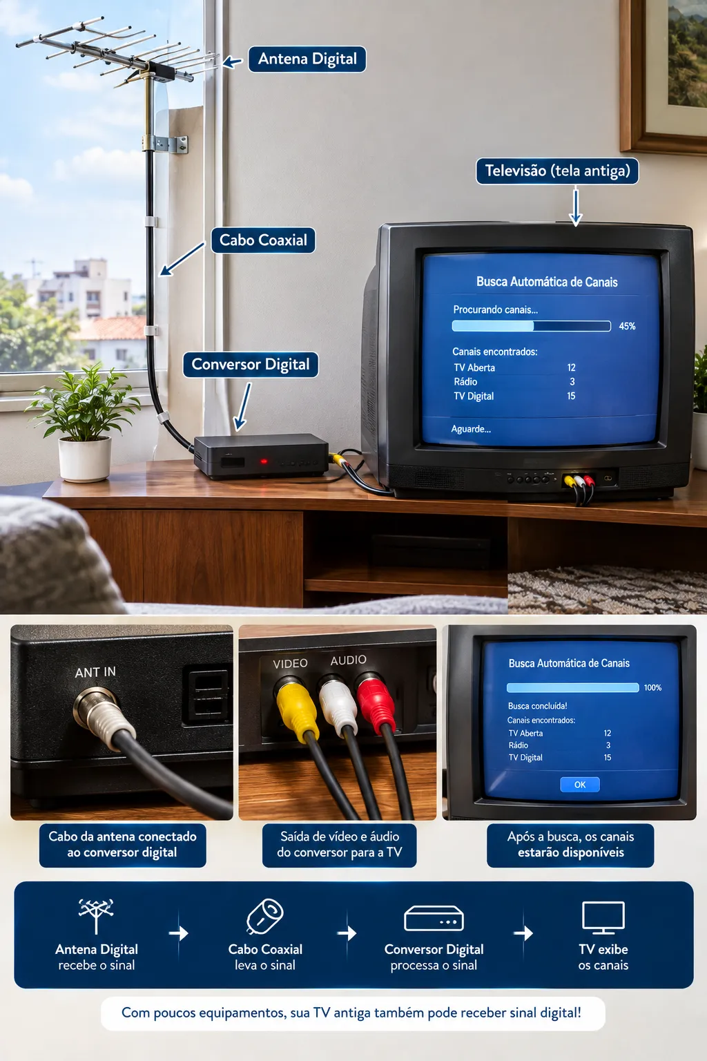 Como instalar antena digital e configurar conversor em TV antiga