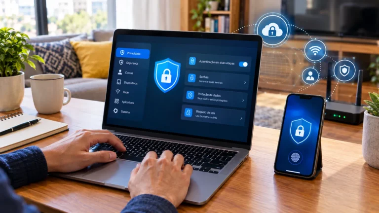 Configurações de privacidade e segurança digital em smartphone e notebook