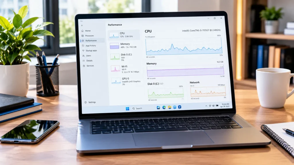 Ordinateur portable affichant les outils de performance et de stockage de Windows 11