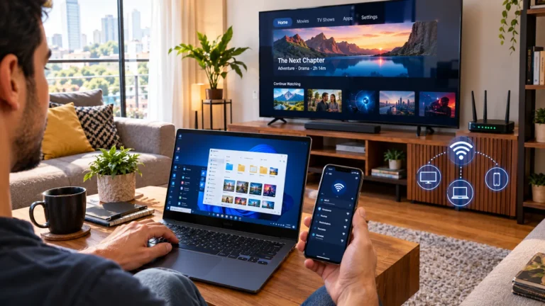 Smart TV, notebook Windows e smartphone conectados por uma rede Wi-Fi doméstica