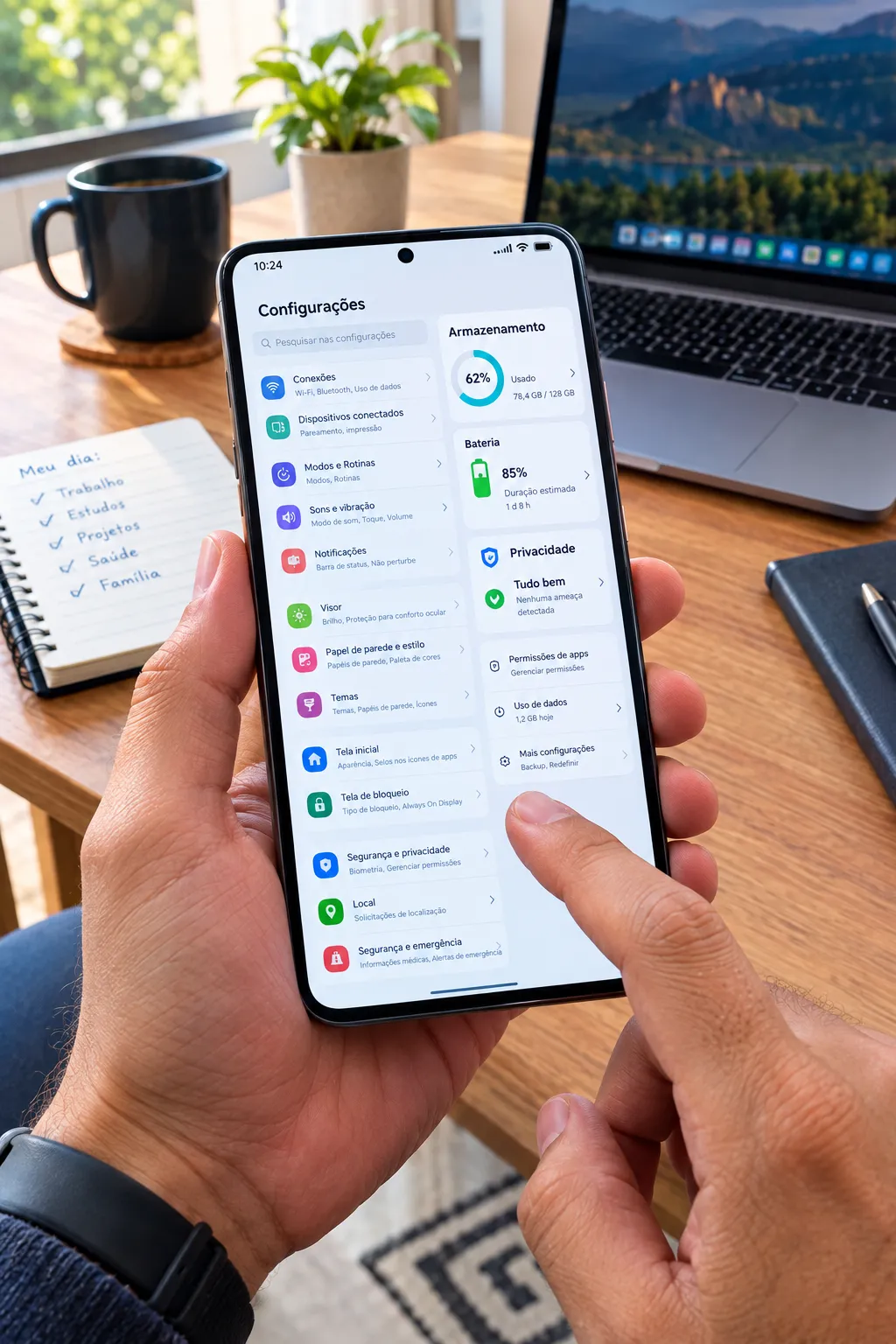 Smartphone Android mostrando configurações de armazenamento, bateria e privacidade
