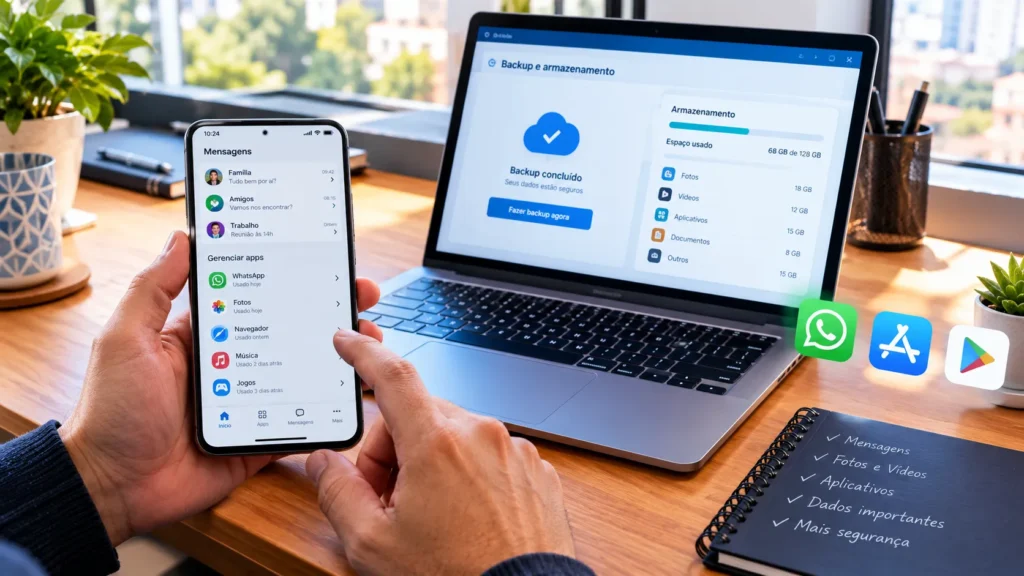 Smartphone com aplicativos, mensagens e opções de backup e segurança digital