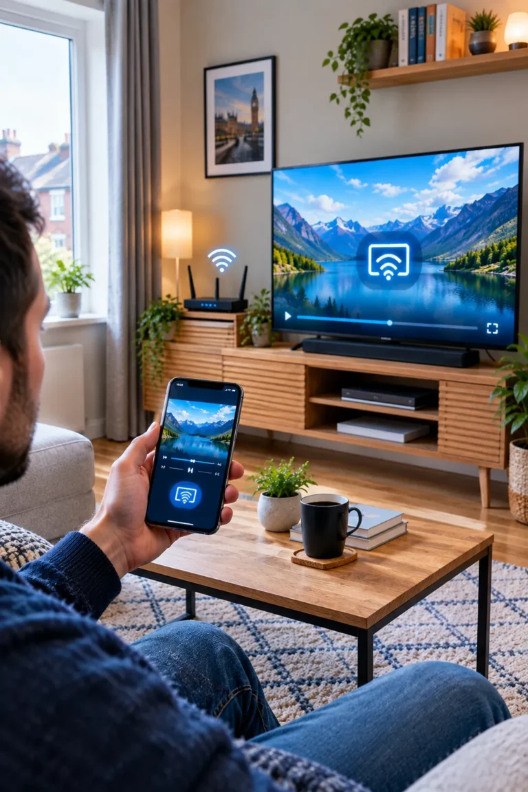 Smartphone connected wirelessly to a Smart TV for screen mirroring