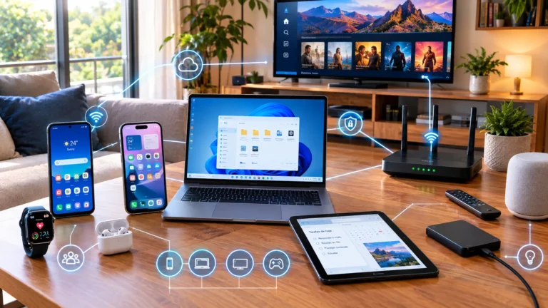 Smartphones, notebook, Smart TV e roteador formando um ecossistema tecnológico conectado