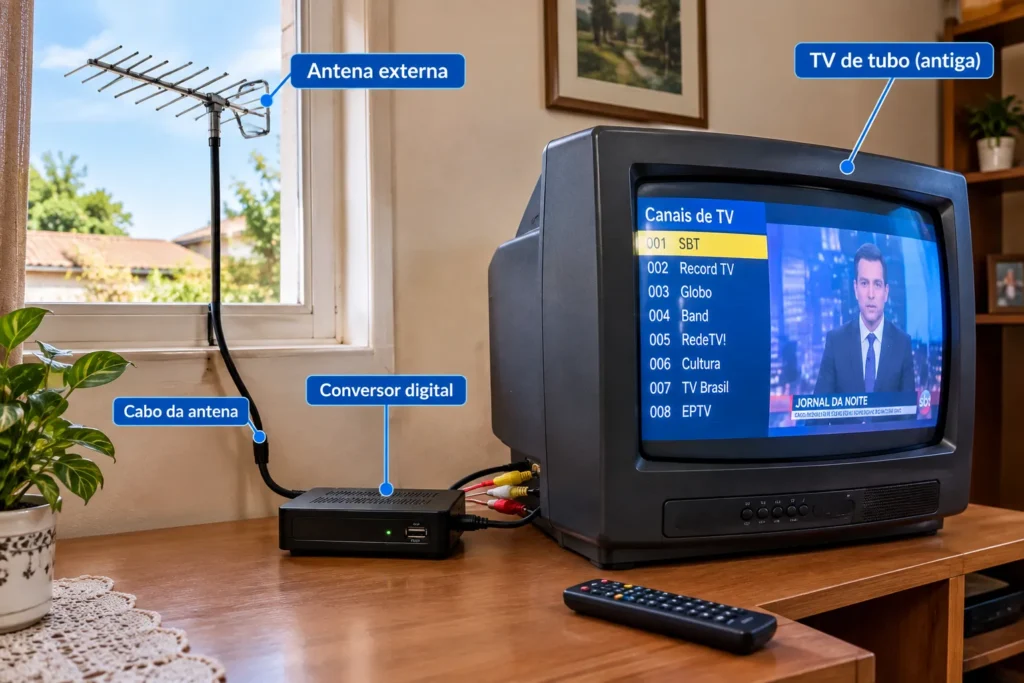 TV de tubo funcionando com conversor digital