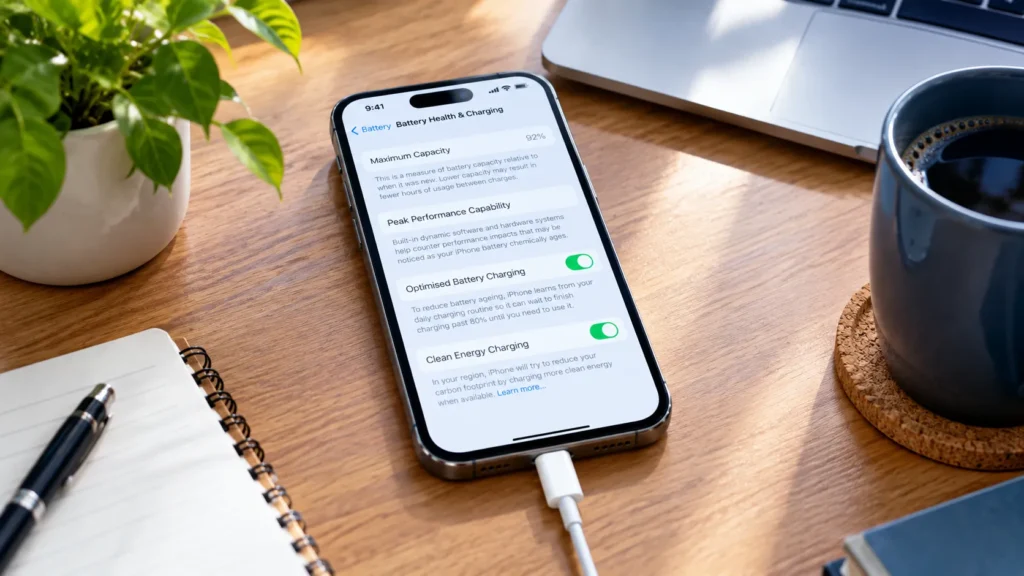 Tela do iPhone mostrando saúde da bateria e configurações de carregamento