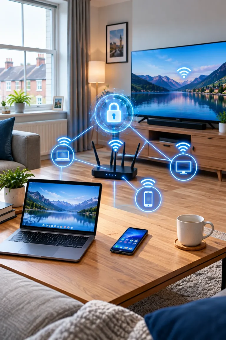 UK home Wi-Fi network with connected devices and digital security protection