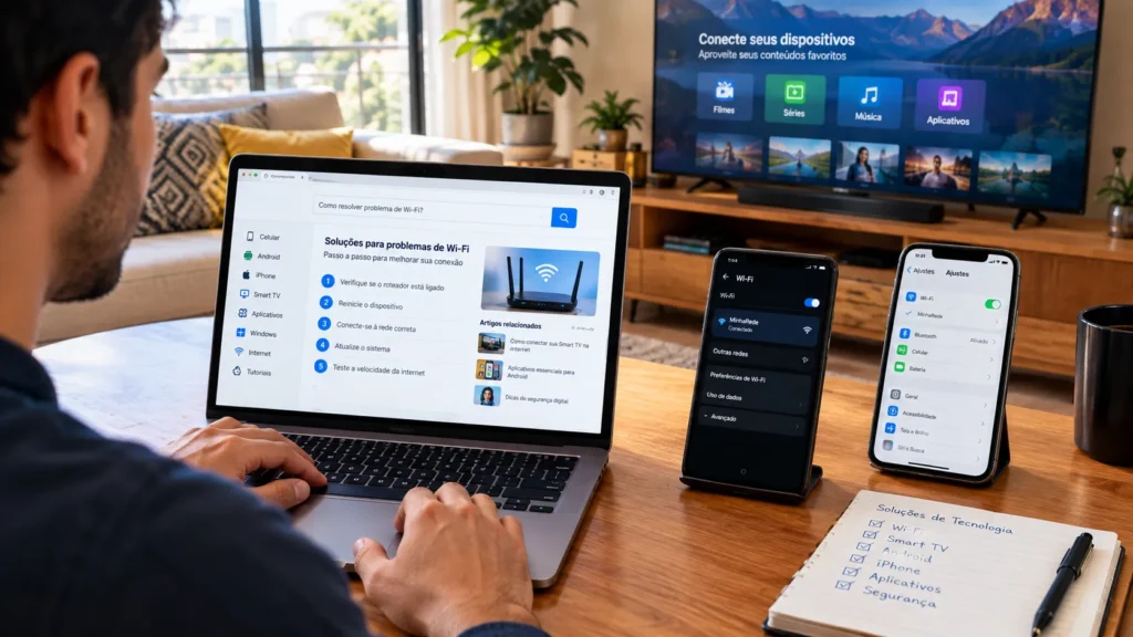 Usuário pesquisando dicas de tecnologia do Tech On Dicas em diferentes dispositivos