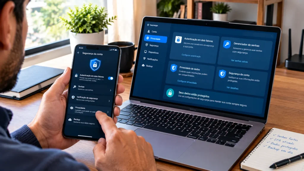 Usuário protegendo contas digitais com privacidade e autenticação em dois fatores