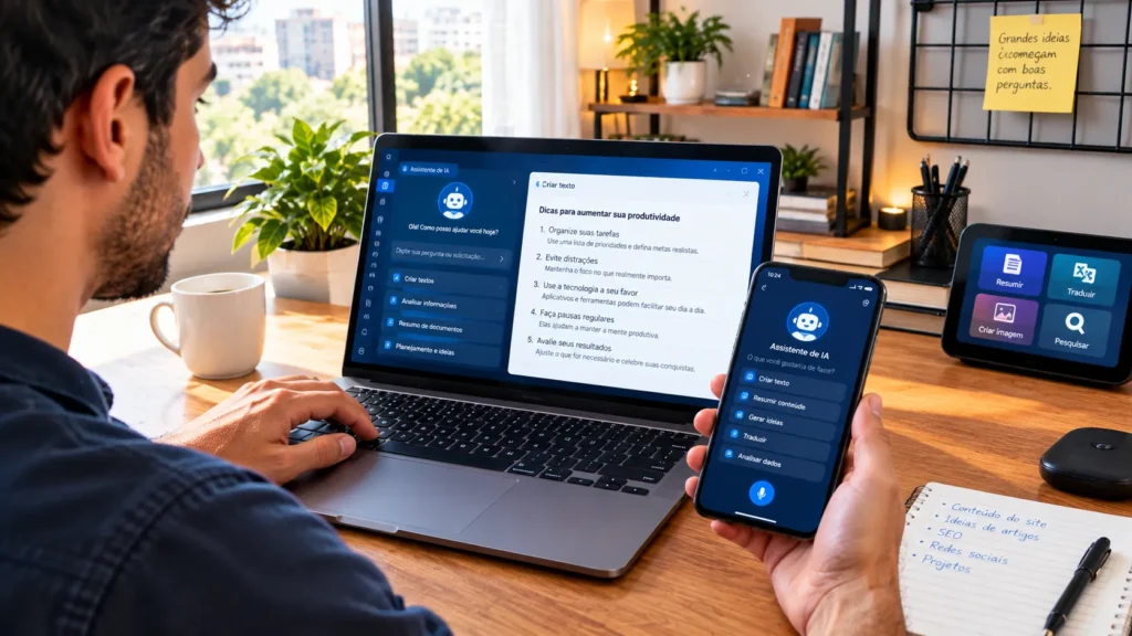 Usuário utilizando ferramentas de inteligência artificial para produtividade em notebook e smartphone