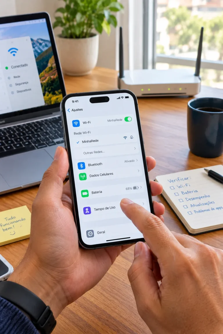 Usuário verificando problemas de Wi-Fi, bateria e desempenho no iPhone