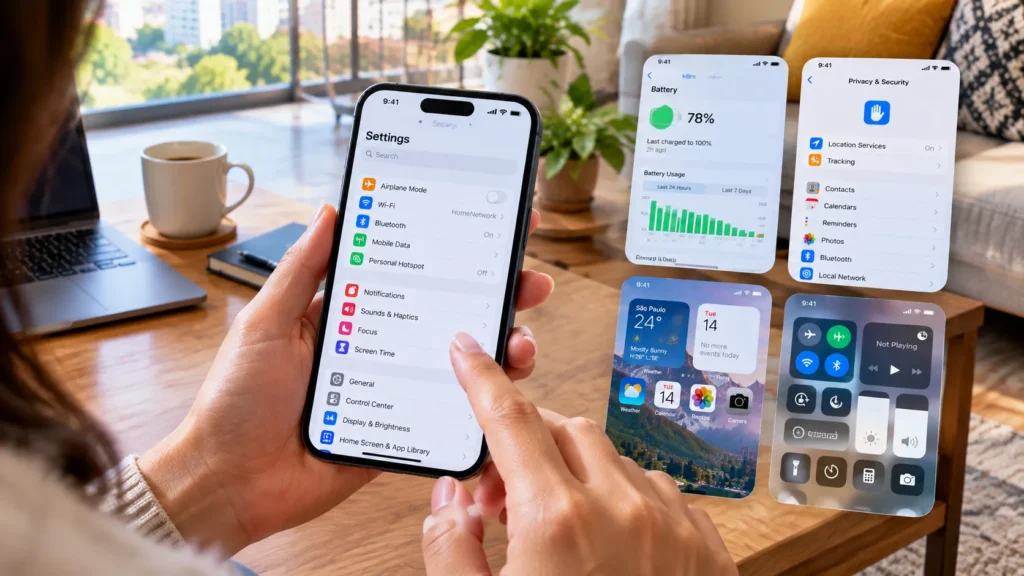 iPhone exibindo configurações do iOS, recursos, bateria e controles do sistema