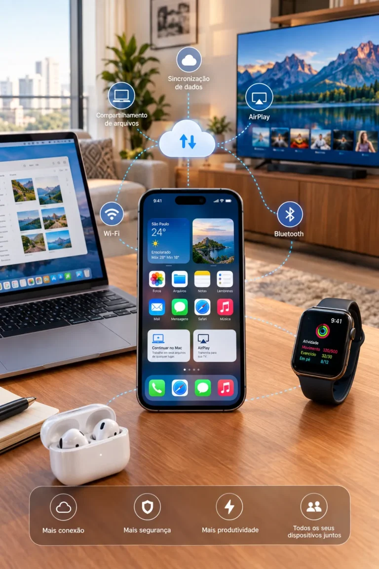 iPhone integrado a computador, acessórios, iCloud e Smart TV em um ecossistema conectado
