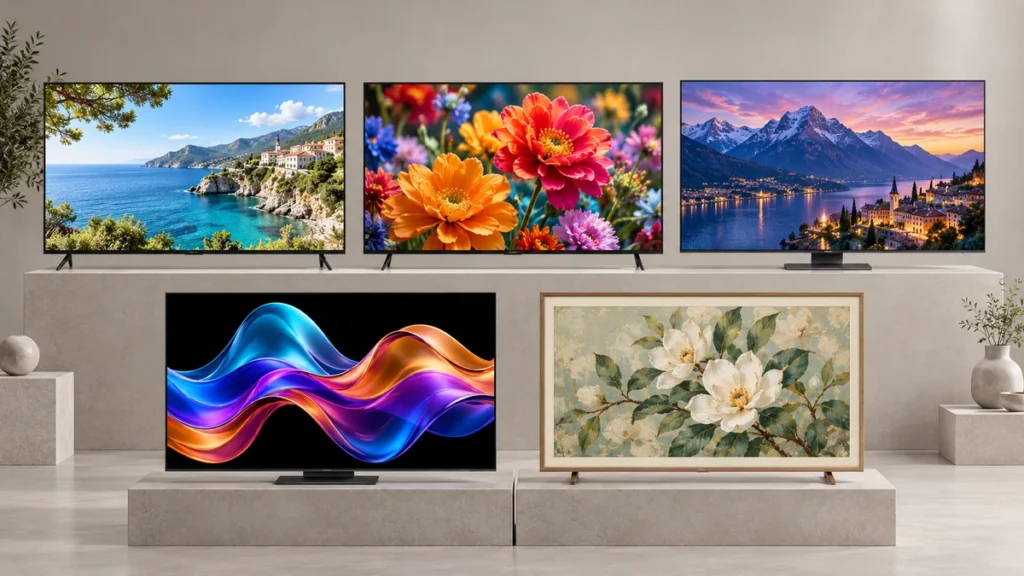 Comparação visual entre modelos Samsung Crystal UHD, QLED, Neo QLED, OLED e The Frame
