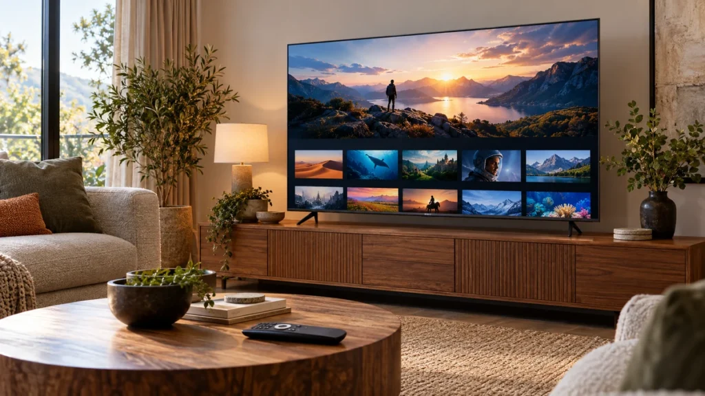 Interface de entretenimento de uma Smart TV TCL com sistema Google TV compatível