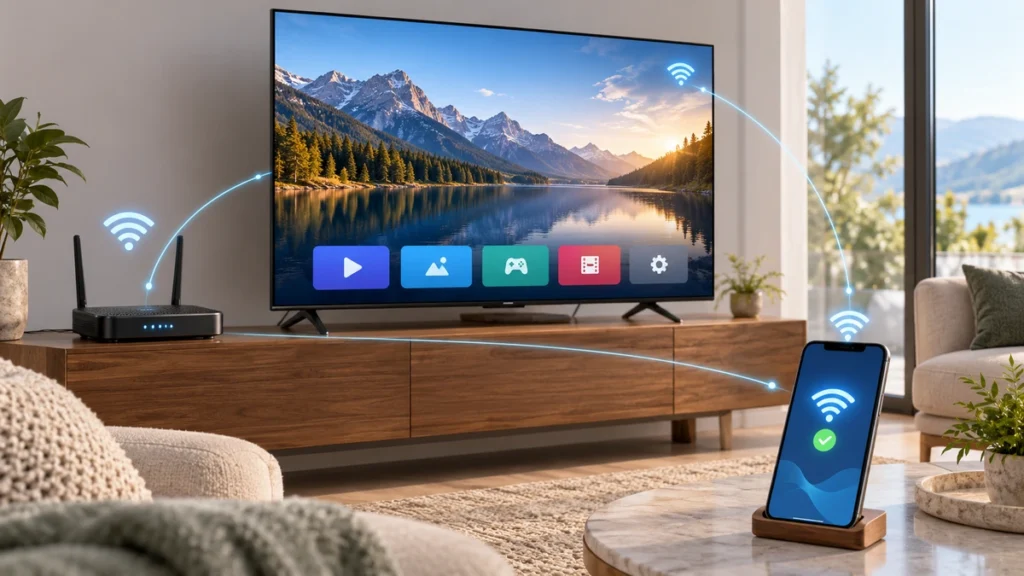 Smart TV Samsung conectada à internet por uma rede Wi-Fi doméstica
