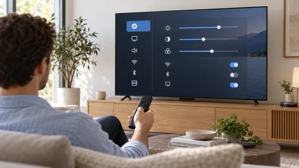 Controle remoto sendo usado para configurar uma Smart TV TCL.